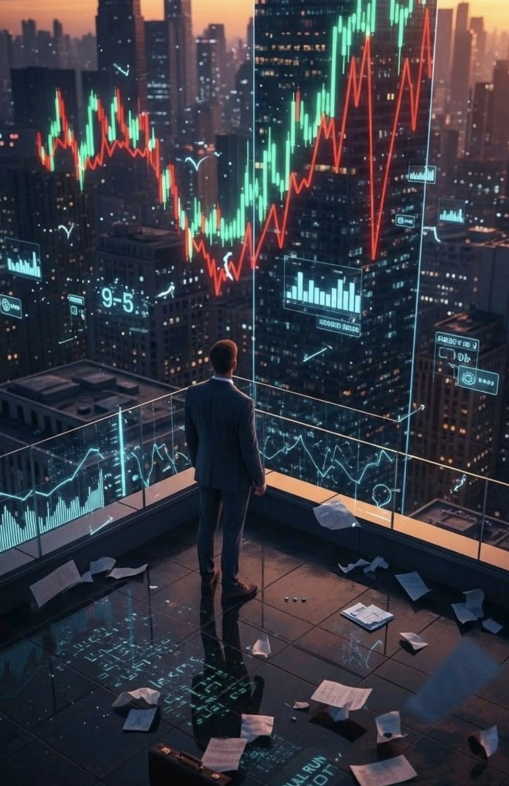 Concept city skyline overlaid with imagined market charts